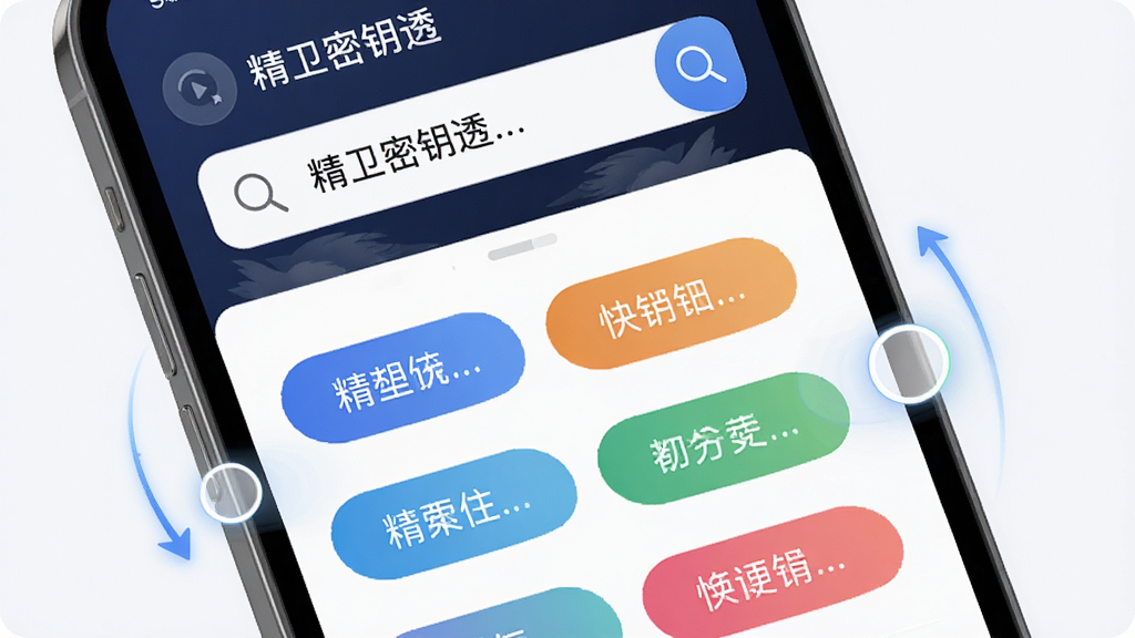 精卫密钥透快速检索功能展示图,主体为手机屏幕显示搜索框与分类标签列表,布局为上下结构,排版包含放大镜图标与彩色标签,风格为清新简约风格,细节包含流畅的滑动动画效果示意,画质高清,干净,无多余元素,图片中文字“精卫密钥透”