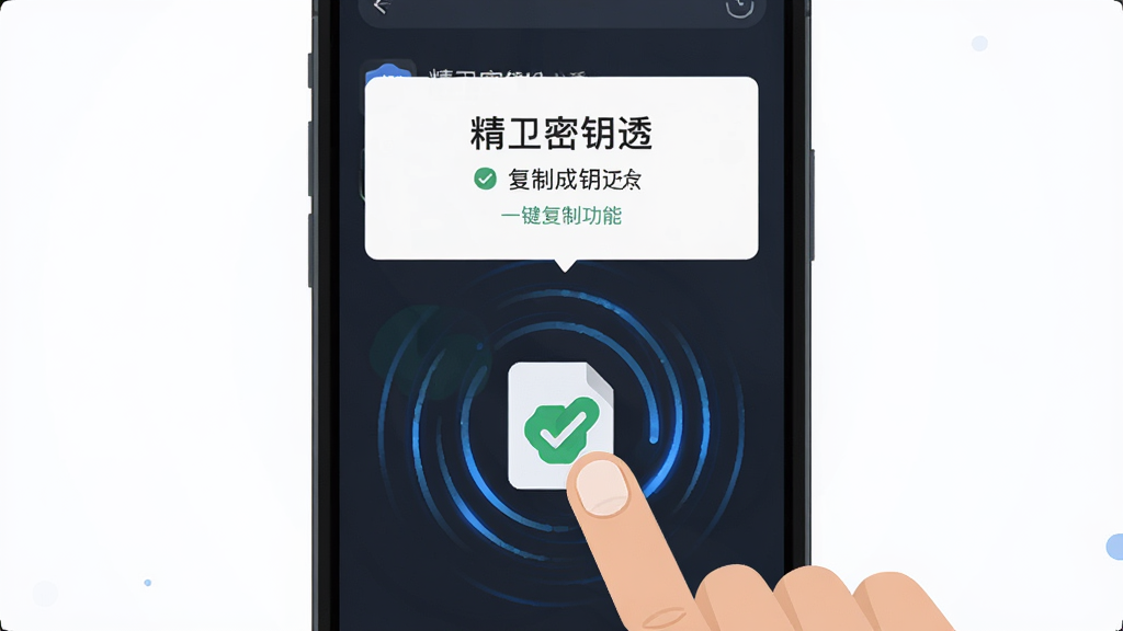 精卫密钥透一键复制功能展示图,主体为手机屏幕显示复制成功提示与剪贴板图标,布局为居中构图,排版包含手指点击屏幕的示意,风格为现代扁平化风格,细节包含动态波纹效果与对勾标识,画质高清,干净,无多余元素,图片中文字“精卫密钥透”