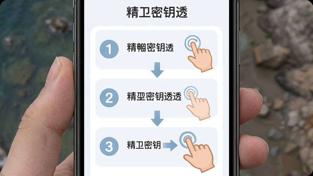 精卫密钥透新手操作引导界面展示图,主体为手机屏幕显示分步操作指引,布局为上下步骤排列,排版包含数字序号与箭头指示,风格为友好引导风格,细节包含手掌点击与滑动示意,画质高清,干净,无多余元素,图片中文字“精卫密钥透”