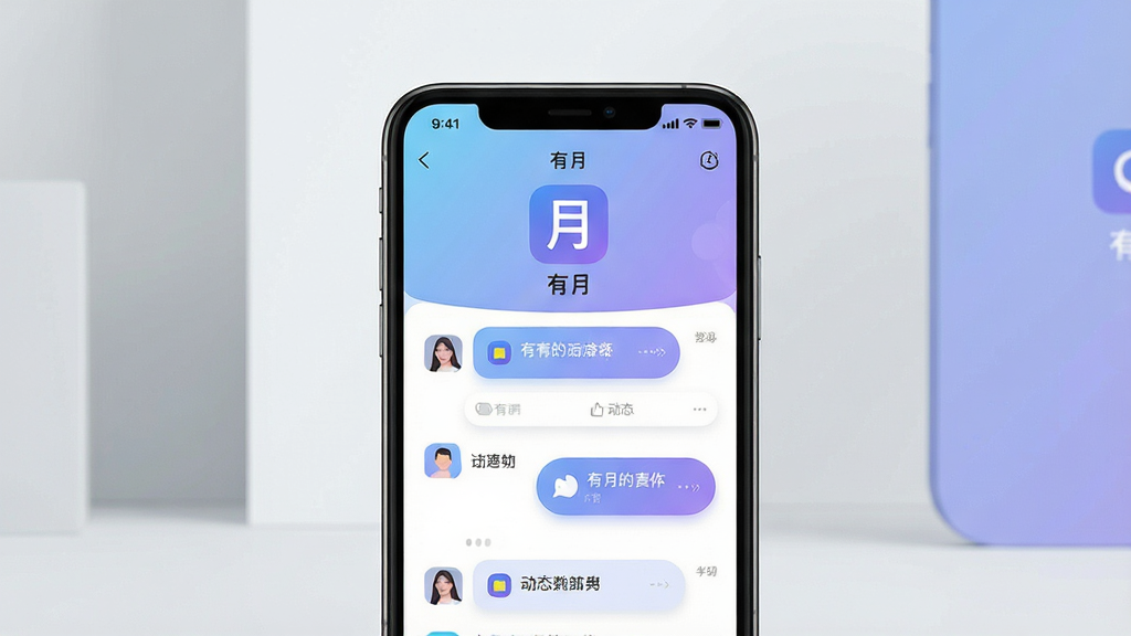 一张展示有月APP核心界面的手机样机图,主体是一部立在现代简约背景中的智能手机,屏幕上显示有月APP的聊天列表和动态社区页面,布局采用居中构图,排版清晰展示应用图标与名称“有月”,风格为清新明快的扁平化设计,细节包括柔和的蓝紫渐变色调、圆润的卡片式布局、细微的阴影层次,画质为高清2K、干净无多余元素、无杂乱文字