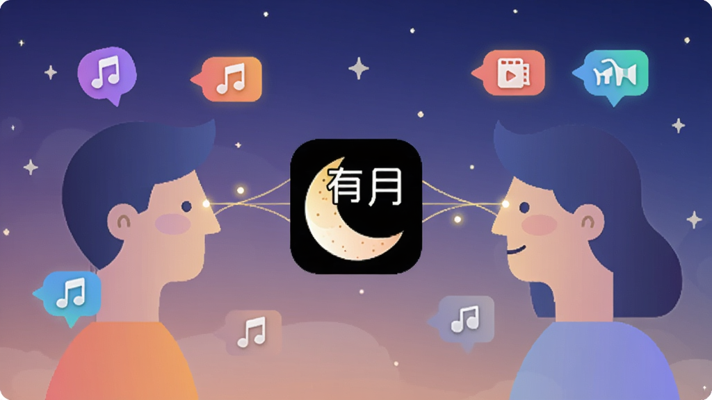 一张以“有月”智能匹配功能为主题的插画,主体是两个抽象人物头像通过发光的线条连接,布局采用左右对称式,排版中间放置有月APP的图标,风格为科技感与温馨感结合的矢量插画,细节包括漂浮的兴趣标签图标如音乐、电影、旅行,背景为柔和的星空渐变,画质为高清、干净、无多余元素