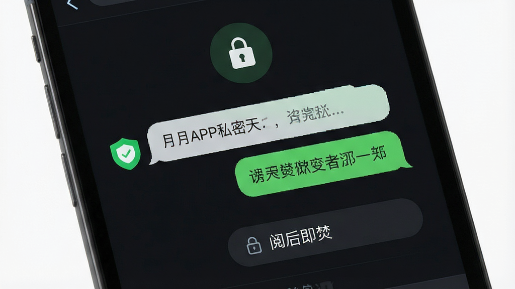 一张展示有月APP私密聊天界面的手机截图风格图片,主体是手机屏幕特写,屏幕上显示带有锁形图标的聊天窗口和“阅后即焚”按钮,布局为居中展示,排版突出安全与隐私元素,风格为现代简约的UI设计展示,细节包括深色模式背景、绿色安全标识、清晰的文字气泡,画质为高清、干净、无多余元素