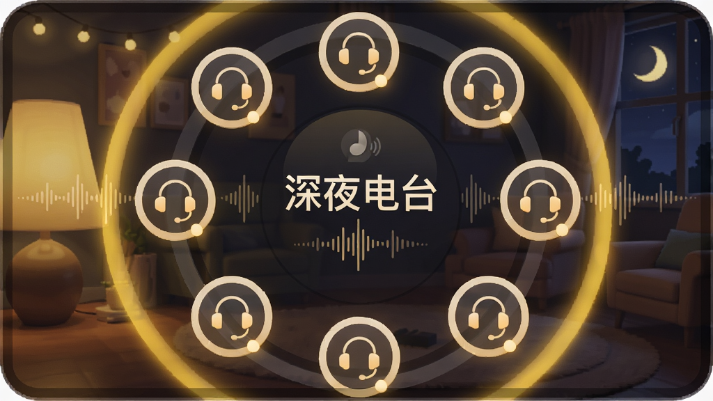 一张有月APP语音派对功能的场景图,主体是一个虚拟的语音房间界面,布局采用圆形麦位排列,排版中心显示房间主题“深夜电台”,风格为温暖舒适的夜间氛围,细节包括耳机图标、声波纹理、柔和的暖黄色灯光,画质为高清、干净、无多余元素