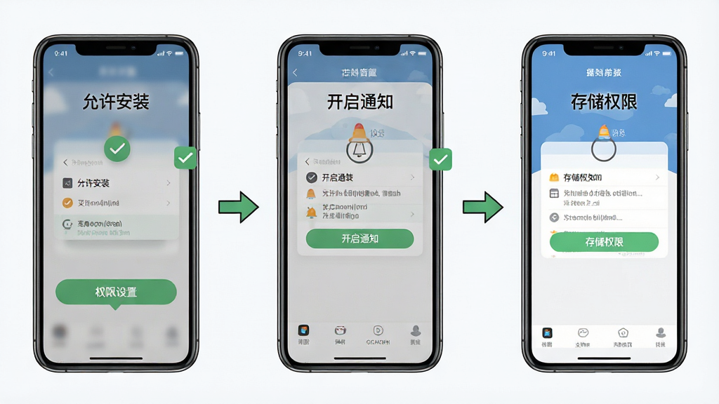 一张有月APP安装与设置引导示意图,主体是手机屏幕显示权限设置页面,布局为分步图解样式,排版从左到右依次展示“允许安装”“开启通知”“存储权限”三个步骤,风格为简洁的教程插图,细节包括对勾图标、箭头指引、清晰的界面元素,画质为高清、干净、无多余元素