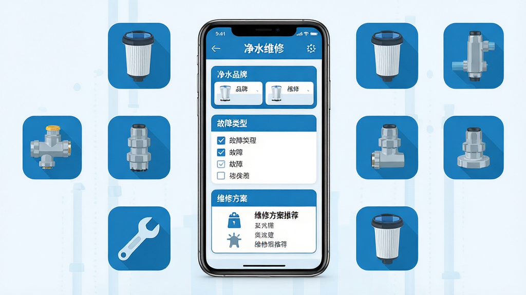 净水全能修软件主界面展示,画面中央是一部智能手机,手机屏幕上显示净水器维修故障诊断界面,界面包含净水器品牌选择、故障类型勾选、维修方案推荐等功能模块,手机周围环绕着净水器滤芯、水管接头、扳手等维修工具图标,整体采用科技蓝色调,布局清晰有序,排版简洁大方,风格为现代扁平化设计,细节精致,画质高清,画面干净,无多余元素