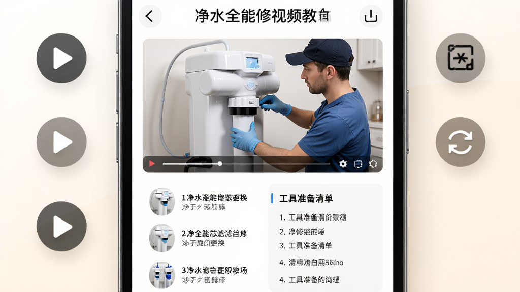 净水全能修视频教程页面,手机屏幕显示净水器滤芯更换视频播放界面,画面中有维修师傅正在操作净水器的视频缩略图,下方有图文步骤列表和工具准备清单,手机周围有视频播放按钮、缓存图标等元素,背景为暖白色,风格为清新简约风,布局竖向排列,细节清晰,画质高清,画面干净,无多余元素