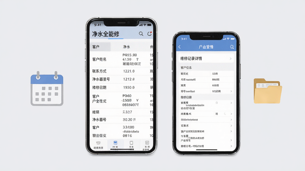 净水全能修客户管理界面,手机屏幕展示客户信息列表和维修记录详情页,页面中有客户姓名、联系方式、净水器型号、维修日期等字段,手机旁边有日历图标和档案袋图标,背景为浅灰色,风格为商务简约风,布局整齐,细节精致,画质清晰,画面干净,无多余元素