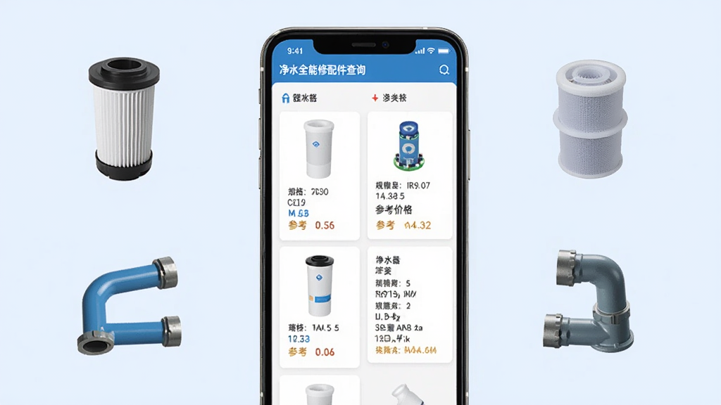 净水全能修配件查询页面,手机屏幕显示净水器配件分类列表和配件详情卡片,卡片中有配件图片、规格参数、参考价格等信息,手机周围有滤芯、RO膜、水管等配件实物图标,背景为淡蓝色,风格为现代扁平风,布局网格状排列,细节丰富,画质高清,画面干净,无多余元素