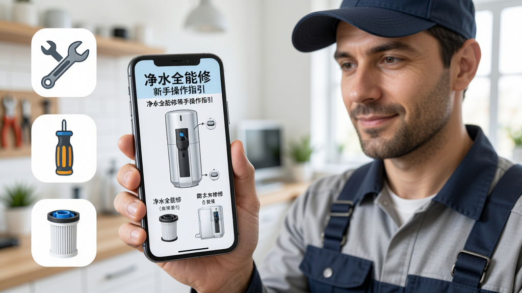 净水全能修新手操作指引,手机屏幕展示净水器维修步骤图文教程,画面中有维修师傅手持手机查看教程的场景,手机旁边有扳手、螺丝刀、滤芯等工具图标,背景为明亮的室内环境,风格为写实摄影风,布局人物与手机结合,细节真实,画质高清,画面干净,无多余元素