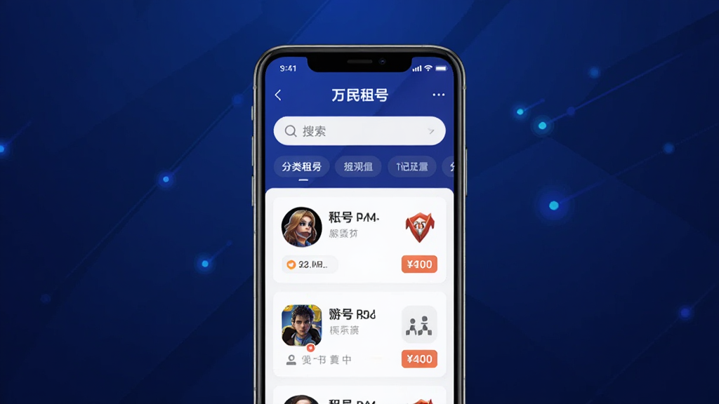 手机应用界面展示图,画面中央是一部智能手机,屏幕上显示着万民租号APP的主页界面,界面中包含游戏账号列表、搜索栏和分类标签,背景为深蓝色科技感渐变,布局简洁清晰,风格为现代扁平化UI设计,细节包括账号头像、游戏图标和租赁价格标签,画质高清,干净,无多余元素