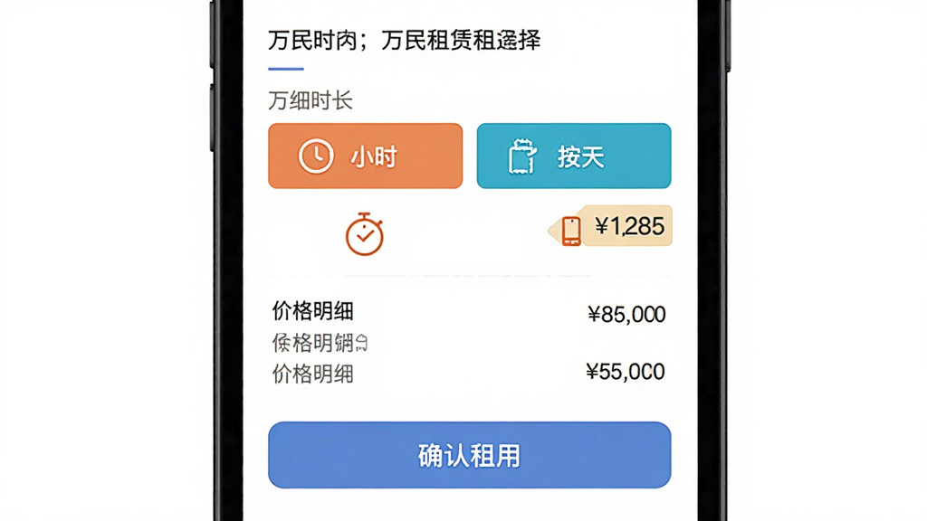 万民租号租赁选项界面图,画面中手机屏幕显示租赁时长选择页面,包含按小时、按天等选项按钮,下方有价格明细和确认租用按钮,背景为白色,布局为上下结构,风格为现代简洁的移动应用设计,细节包括时间图标和价格标签,画质高清,干净,无多余元素