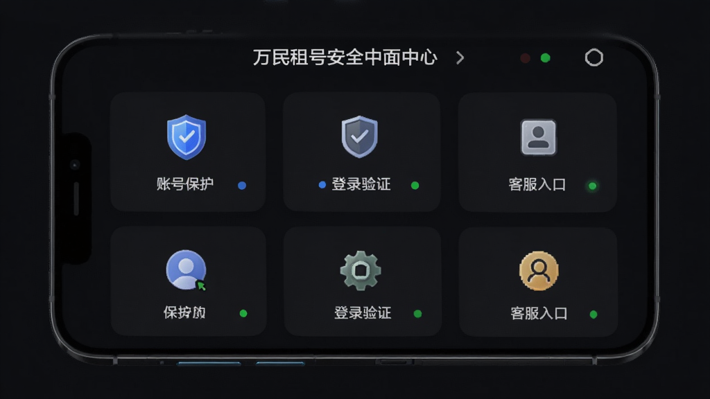 万民租号安全中心界面图,画面中手机屏幕显示安全中心页面,包含账号保护、登录验证、客服入口等功能模块,背景为深色护眼模式,布局为网格状图标排列,风格为科技感安全类应用设计,细节包括盾牌图标和状态指示灯,画质高清,干净,无多余元素