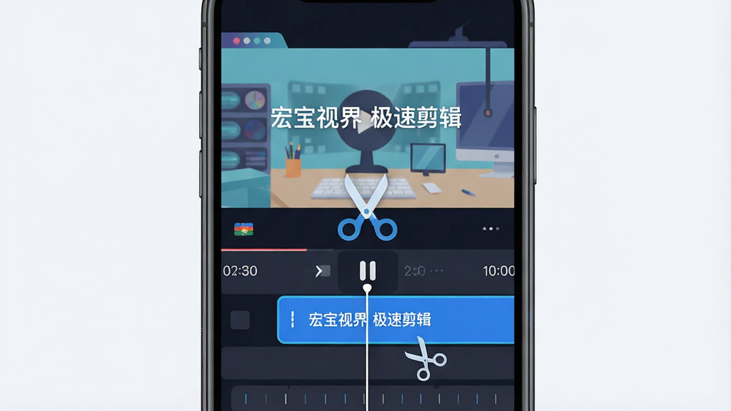 一张表现“宏宝视界”极速剪辑功能的AI生图,主体为手机屏幕内显示视频时间轴与剪刀图标,布局采用居中构图,屏幕上方为视频预览画面,下方为可拖动的剪辑轨道,排版简洁直观,风格为扁平化科技插画,细节包括轨道上的蓝色高亮片段、剪刀光标、时间刻度线,画质高清干净,无多余元素,画面中文字为“宏宝视界 极速剪辑”
