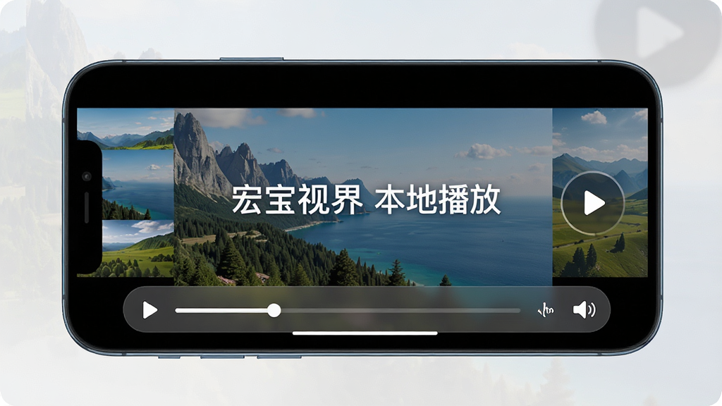 一张表现“宏宝视界”本地播放功能的AI生图,主体为横屏手机播放视频的画面,布局采用全屏播放器界面,中部为视频画面,底部为进度条与音量图标,排版干净利落,风格为现代影音播放器UI,细节包括画面中的风景缩略图、半透明控制栏、手势调节图标,画质高清干净,无多余元素,画面中文字为“宏宝视界 本地播放”