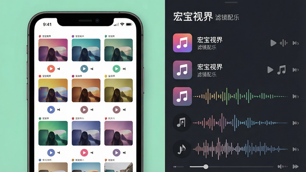 一张表现“宏宝视界”滤镜与配乐功能的AI生图,主体为手机屏幕内展示滤镜缩略图与音乐波形,布局采用左右分栏,左侧为滤镜预览网格,右侧为音乐列表与波形条,排版清晰有序,风格为清新扁平化设计,细节包括彩色滤镜缩略图、播放按钮、音符图标,画质高清干净,无多余元素,画面中文字为“宏宝视界 滤镜配乐”