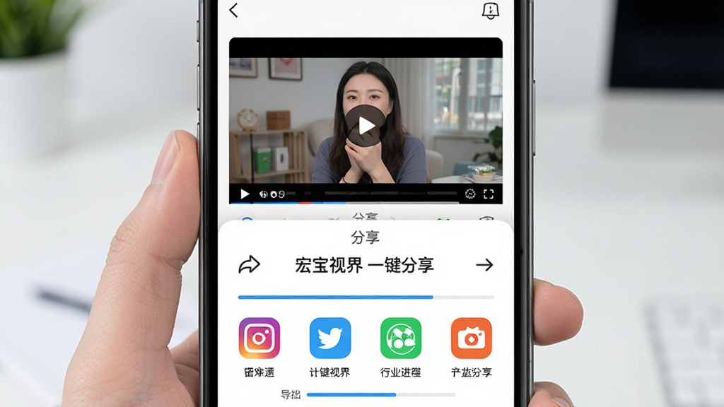 一张表现“宏宝视界”一键分享功能的AI生图,主体为手机屏幕内显示分享面板与视频缩略图,布局采用底部弹出式菜单,上方为视频预览,下方为社交平台图标排列,排版简洁明快,风格为现代移动端UI,细节包括分享箭头、平台图标、导出进度条,画质高清干净,无多余元素,画面中文字为“宏宝视界 一键分享”