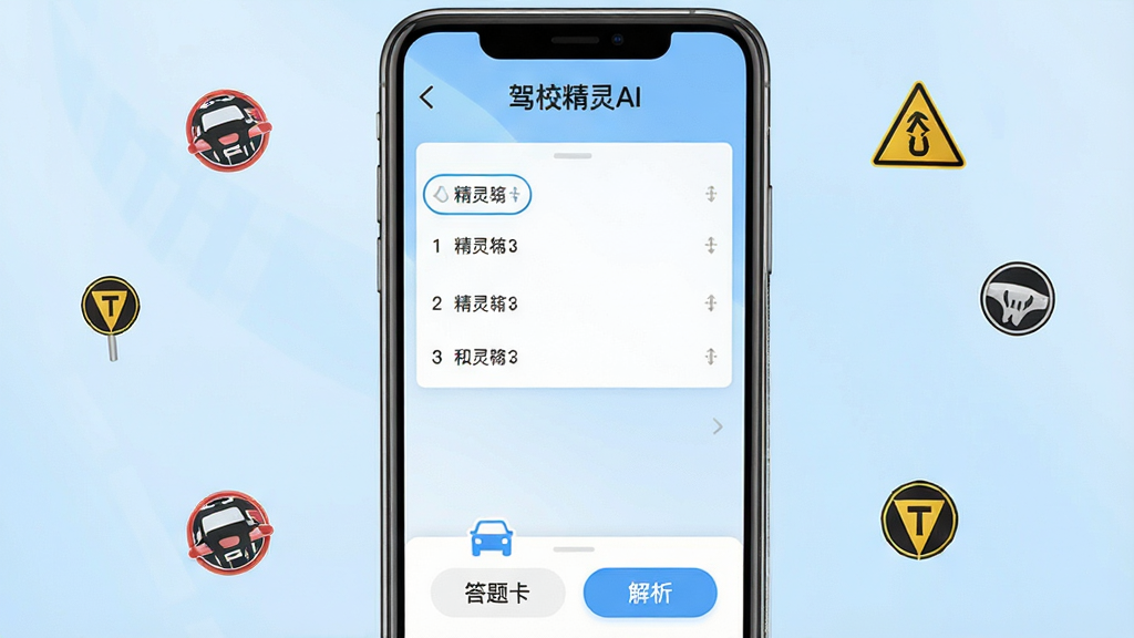 一张手机屏幕展示驾校精灵AI应用界面的场景图,画面中央是一部竖屏智能手机,屏幕内呈现驾校精灵AI的科目一刷题界面,顶部有“驾校精灵AI”文字标识,中间是选择题答题区域,底部有答题卡和解析按钮,背景是柔和的浅蓝色渐变,周围点缀交通标志小图标,整体风格清新简洁,画质清晰干净,无多余元素