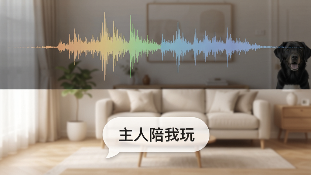 动物语言翻译助手软件内部功能截图,界面分为上下两部分,上半部分是猫狗叫声的声波采集动画,下半部分是翻译出来的文字气泡,气泡中写着“主人陪我玩”,背景是柔和的室内居家环境,风格简洁现代,UI设计清晰直观,画质细腻。