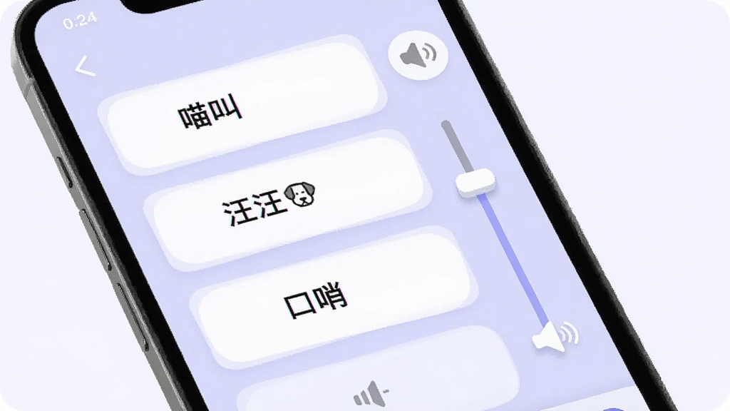 动物语言翻译助手音效播放界面,手机屏幕上显示多个音效按钮,按钮上标注着“喵叫”、“汪汪”、“口哨”等字样,旁边有音量调节滑块,背景是淡紫色的简约风格,画质清晰,元素简洁。