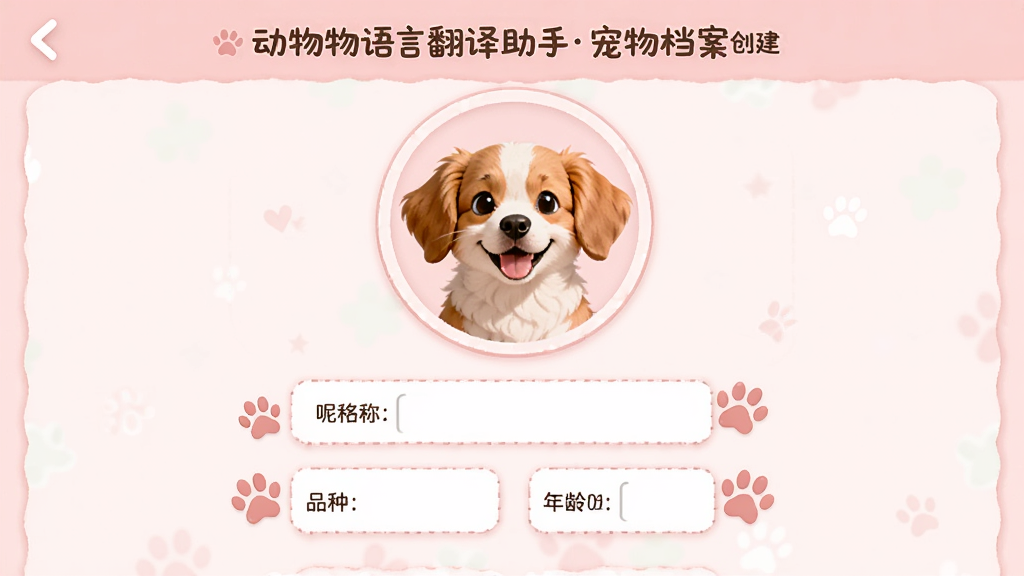 动物语言翻译助手宠物档案创建页面,界面显示一个圆形宠物头像上传框,下方是昵称、品种、年龄的输入框,旁边点缀着宠物脚印图标,整体设计为柔和的粉色系,风格温馨可爱,画质清晰。