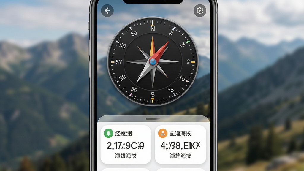 一张导航指南针应用实时坐标查询功能的界面图片,画面中手机屏幕上半部分显示指南针表盘,下半部分显示经度纬度海拔数据卡片,数字清晰可见,背景为户外山脉风景虚化处理,布局上下分层,风格为户外实用工具风格,细节包括数据卡片圆角设计和图标点缀,画质清晰干净无多余元素