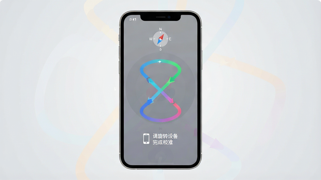 一张导航指南针应用校准提示界面的图片,画面展示手机屏幕中央出现一个8字形轨迹动画,旁边有文字提示请旋转设备完成校准,背景为浅灰色渐变,布局简洁居中,风格为扁平化引导设计,细节包括轨迹线条的渐变色彩和手机图标,画质清晰干净无多余元素