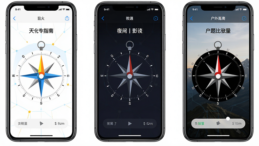 一张导航指南针应用多主题切换功能的展示图片,画面中同时呈现三个手机屏幕,分别显示白天明亮主题、夜间深色主题和户外高对比度主题的指南针界面,背景为简洁白色,布局横向排列,风格为产品展示风格,细节包括每个主题的色彩差异和表盘样式变化,画质清晰干净无多余元素