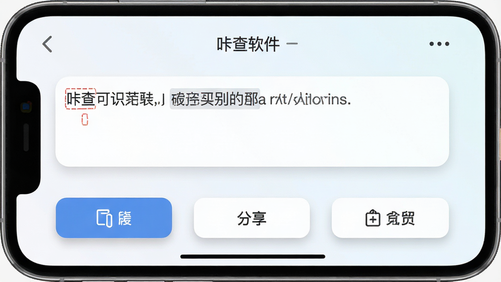 一张展示咔查软件识别结果页面的图片,页面中显示可编辑的文本框,下方排列着复制、分享、导出等操作按钮,背景为浅色渐变,风格为清爽简约的移动端UI设计,细节包括按钮的柔和阴影和文字的清晰排版,画质高清,画面干净,无多余元素
