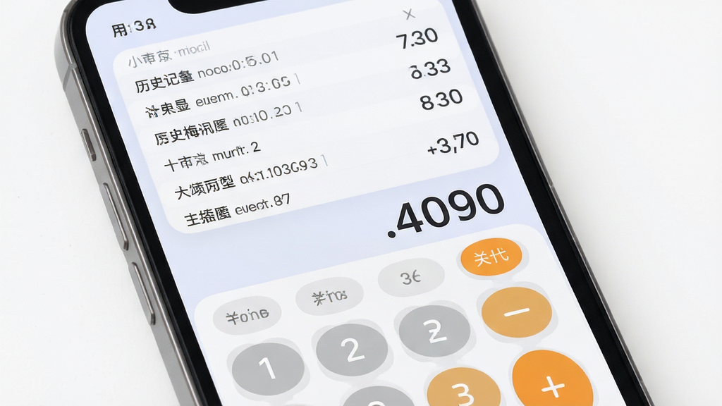 普通计算器软件功能展示图,主体为手机屏幕,布局展示计算历史记录列表,排版为顶部显示历史记录、中部显示当前运算,风格为柔和圆角设计,细节上历史记录清晰排列,画质高清,画面干净无多余元素