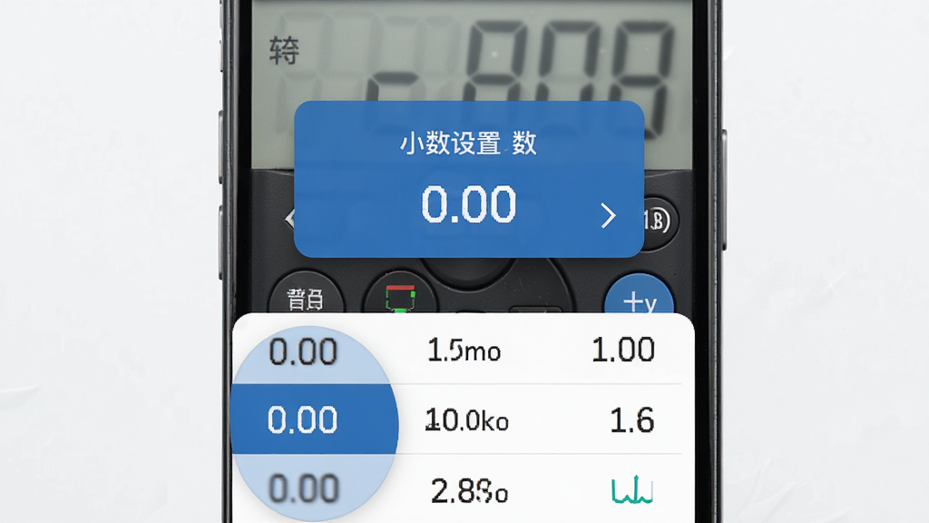普通计算器软件小数设置演示图,主体为手机屏幕,布局展示小数点位数选择弹窗,排版为底部弹出菜单,风格为商务蓝配色,细节上数字0.00清晰可见,画质高清,画面干净无干扰元素