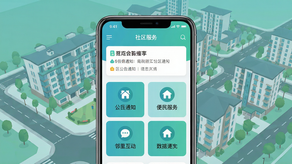 我爱北会软件主界面展示,画面中央放置一部智能手机,屏幕内显示社区服务应用首页布局,包含公告通知、便民服务、邻里互动等功能模块图标,背景为现代城市社区俯瞰图,整体采用清新蓝绿色调,扁平化UI设计风格,画面干净整洁,文字清晰可辨,画质高清,无多余装饰元素