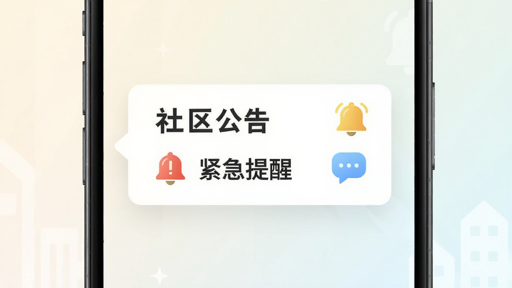 我爱北会社区公告推送功能展示图,画面中一部手机屏幕弹出社区通知卡片,卡片上显示