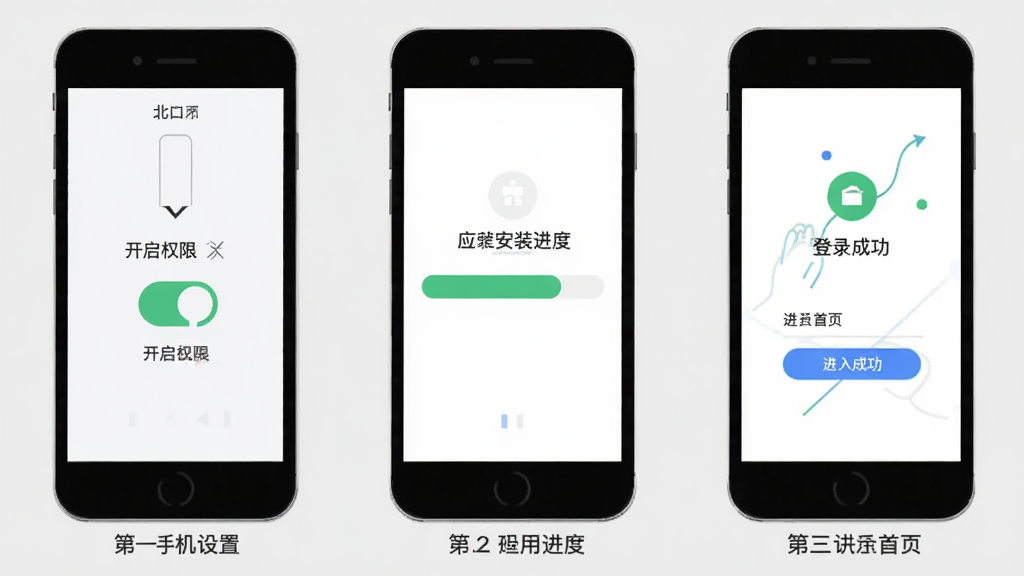 我爱北会新手安装操作流程图,画面分为三步展示,第一步手机设置中开启权限开关,第二步应用安装进度条,第三步登录成功进入首页,背景为浅灰色,图标简洁,文字标注清晰,风格扁平化,画质高清,布局整齐,无多余装饰