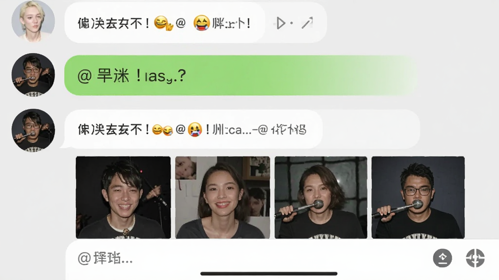 歌迷圈子聊天界面截图,展示群聊对话气泡、语音消息条、图片缩略图,布局为上下结构,排版清晰,风格为现代社交应用常见的浅色主题,细节有表情包和@提醒标记,画质高清,干净,无多余元素