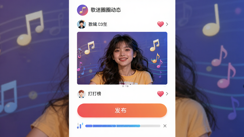 歌迷圈子动态发布页面,主体为图文编辑框与发布按钮,布局为垂直流式,排版简洁,风格为明亮活泼的社交应用界面,细节包含音乐符号、点赞爱心和打榜进度条,画质高清,干净,无多余元素