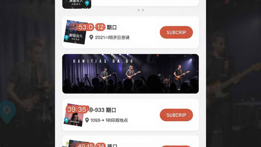歌迷圈子演出资讯列表页,展示演唱会海报缩略图、日期地点和订阅按钮,布局为纵向列表,排版清晰,风格为票务平台常见的卡片式设计,细节有倒计时标签和地图小图标,画质高清,干净,无多余元素