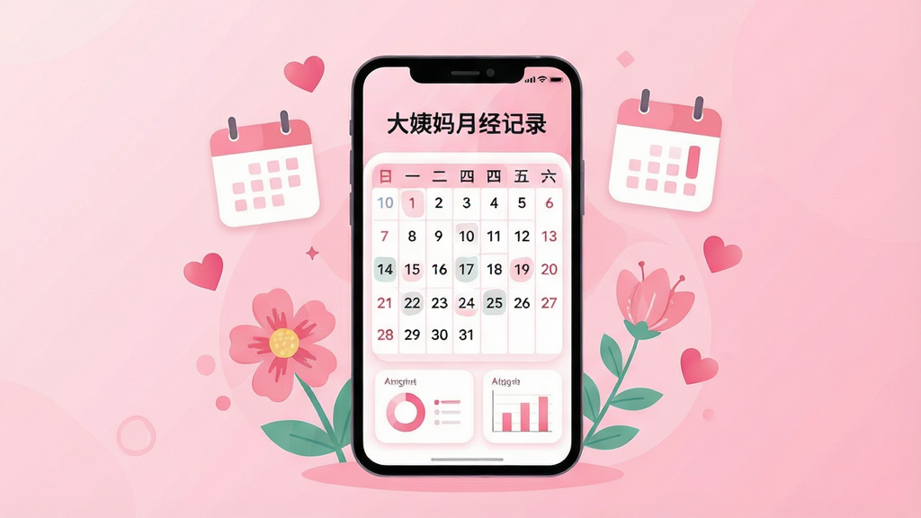 一张展示女性健康管理主题的插画,画面中央是一部智能手机,手机屏幕上显示着「大姨妈月经记录」的日历界面,周围环绕着粉色系的花朵、日历图标和心形符号,布局采用中心构图,手机位于正中间,排版简洁清晰,风格为扁平化插画,细节包括柔和的粉色渐变背景、圆角图标和简洁的数据图表,画质高清,画面干净,无多余元素。