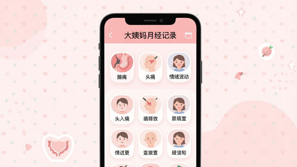 一张展示手机应用界面的扁平化插画,画面中央是「大姨妈月经记录」的症状记录页面,页面上排列着腹痛、头痛、情绪波动等图标按钮,布局采用上下结构,上方为标题栏,下方为图标网格,风格为现代简约扁平风,细节包括柔和的粉色背景、圆润的图标设计和清晰的文字标签,画质高清,画面干净,无多余元素。