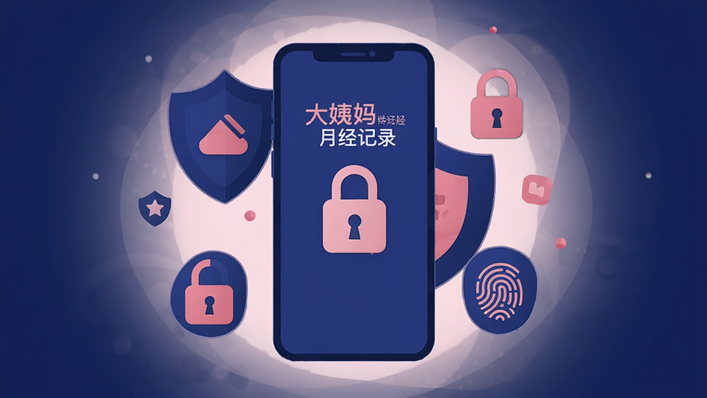一幅表现隐私安全主题的插画,画面主体是一部手机屏幕上显示「大姨妈月经记录」的应用锁界面,手机周围环绕着盾牌、锁头和指纹图标,布局采用中心构图,手机位于正中,排版简洁,风格为扁平化安全主题插画,细节包括深蓝色与粉色搭配、圆角锁图标和柔和的背景光晕,画质高清,画面干净,无多余元素。