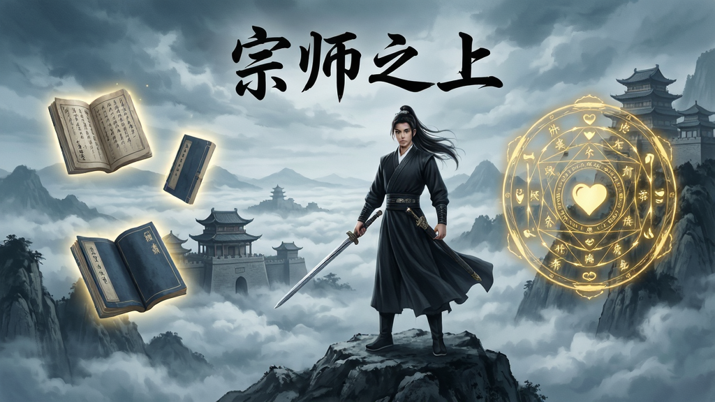一幅宏大的东方武侠场景,画面中央是一位身穿玄色长袍的年轻侠客,手持长剑立于山巅,背后是层叠的云海与远处的古城楼阁,画面左侧漂浮着数本发光的武学秘籍,右侧有金色的心法光阵环绕,整体采用国风水墨与写实融合风格,色调以青灰、墨黑与暗金为主,细节丰富,画质清晰干净,画面中带有“宗师之上”四个字的书法标题,无多余元素