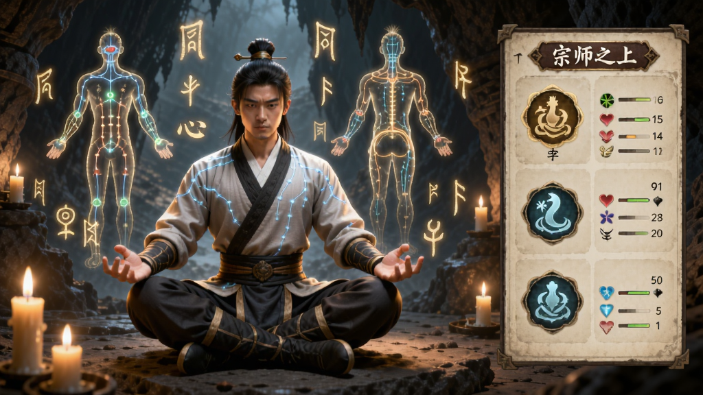 一位武侠角色盘膝而坐修炼内功的画面,角色周围漂浮着发光的经脉图与心法符文,背景为幽暗山洞与烛光,画面右侧展示心法选择面板,包含多个心法图标与属性数值,风格为国风玄幻,色调温暖,画质高清,画面中有“宗师之上”文字标识