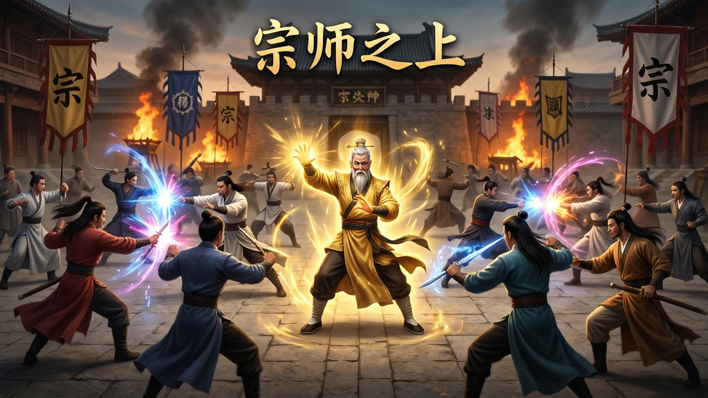 一场大规模的武侠门派战斗场景,数十位身着不同门派服饰的侠客在古城广场上激烈交锋,技能光效绚丽,画面中央有一位金色武学特效全开的宗师级角色,背景是燃烧的烽火与飘扬的门派旗帜,风格为东方奇幻写实,画质震撼,画面干净无杂乱元素,带有“宗师之上”标题