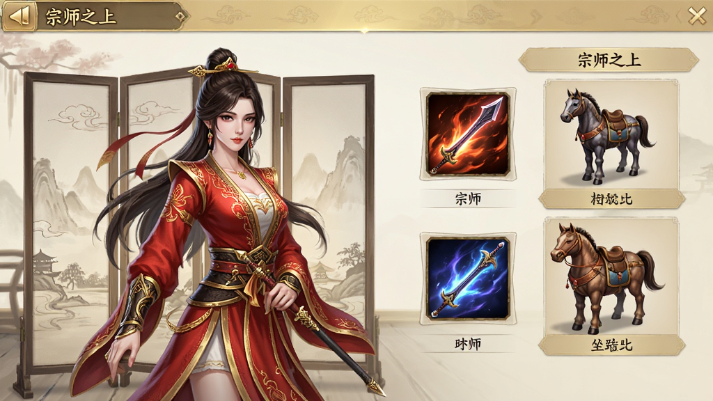 武侠手游的外观展示界面,一位身着华丽红色时装的女性侠客站在屏风前,旁边展示着武器皮肤与坐骑预览图,界面采用浅金色与米白色搭配,风格清新雅致,排版整齐,画质细腻,画面中有“宗师之上”文字
