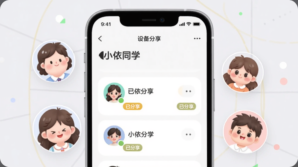 一部手机屏幕中显示“小依同学”软件的设备分享界面,有多个用户头像排列,每个头像旁有“已分享”标签。手机周围漂浮着几个卡通人物头像,代表家庭成员。背景是浅灰色,有简洁的几何线条装饰。整体风格清新明快,圆角元素,色彩柔和,画质干净,无多余元素。