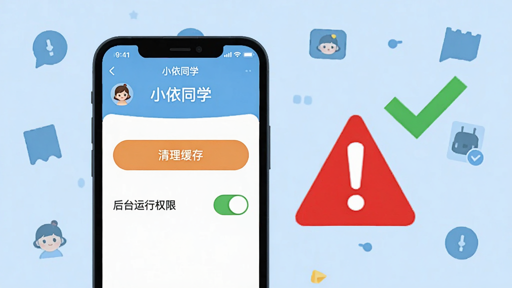 一部手机屏幕显示“小依同学”软件的设置界面,界面中有“清理缓存”按钮和“后台运行权限”开关。手机旁边有一个红色警示标志和一个绿色对勾标志,分别代表错误和正确操作。背景是浅蓝色,有简洁的图标装饰。整体风格为扁平化信息图,色彩对比鲜明,排版清晰,画质干净,无多余元素。
