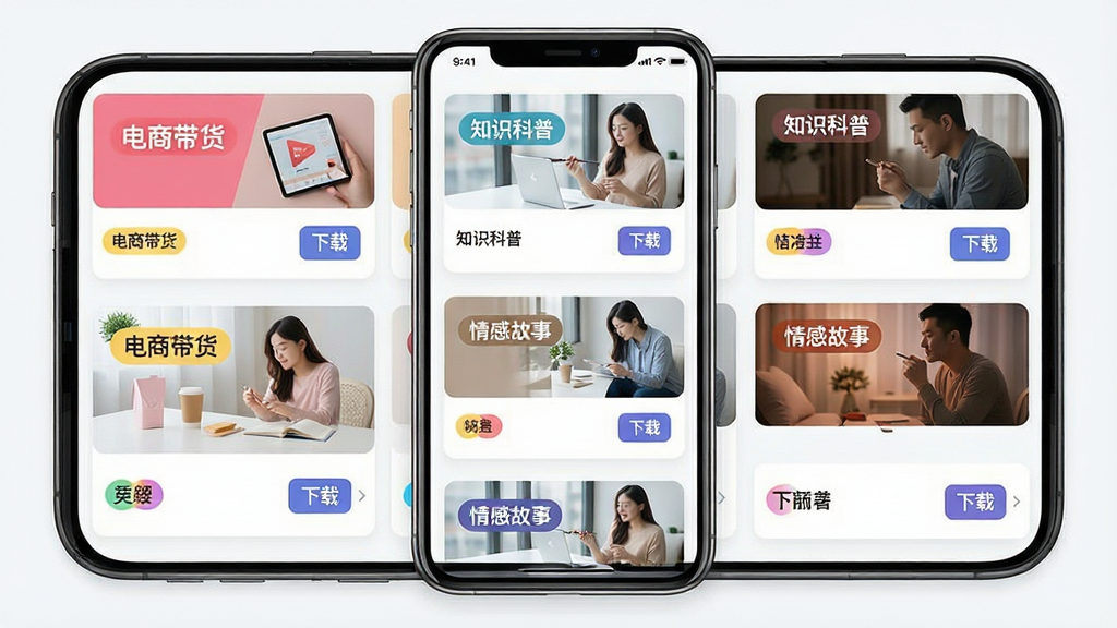 一个展示丰富口播模板素材的界面,画面中央是手机屏幕,屏幕上排列着多个不同主题的模板卡片,卡片上有