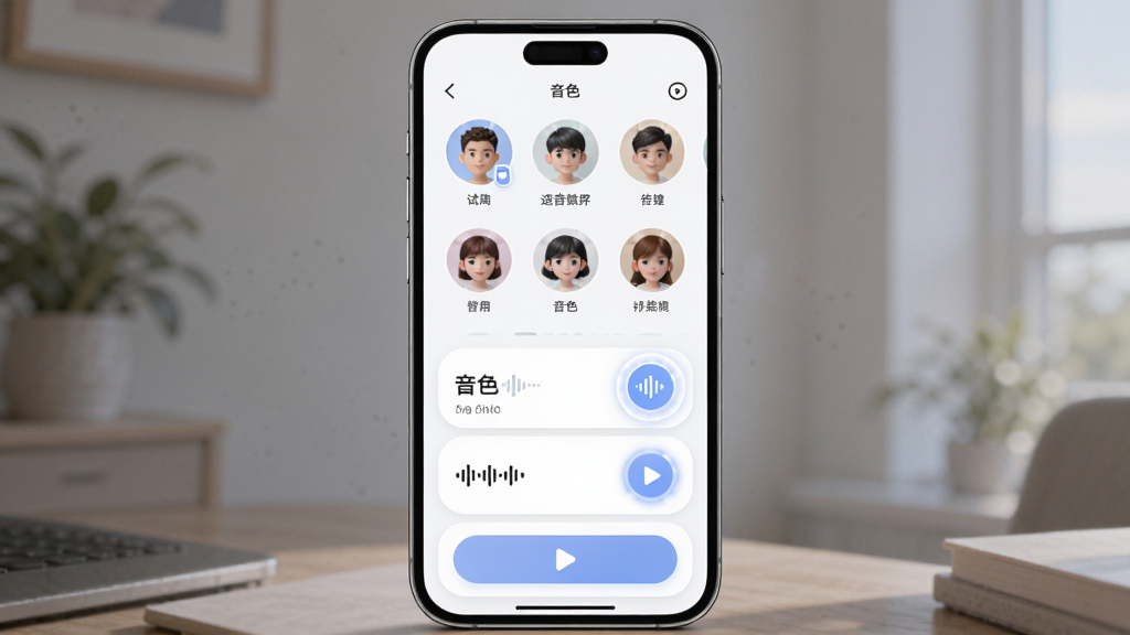 一个AI语音音色选择界面,画面中央是手机屏幕,屏幕上显示着多个圆形头像代表不同音色,下方有音色名称和试听按钮,布局为纵向列表排列,排版清晰,风格为柔和圆角设计,细节包含声波图标、播放按钮和选中高亮效果,画质高清,干净,无多余元素