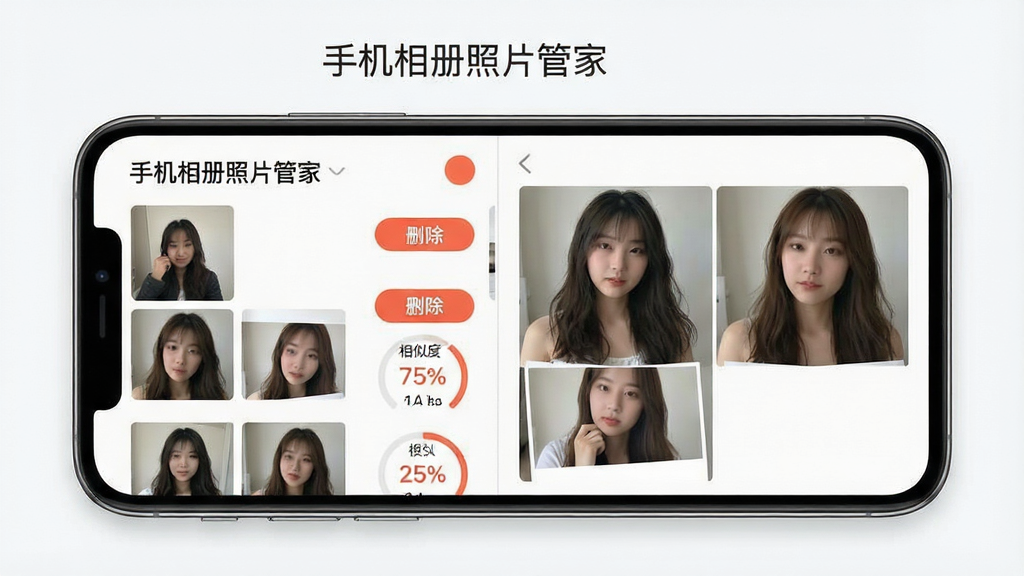 一张手机相册照片管家功能展示图,主体为手机屏幕显示重复照片清理界面,布局左侧为重复照片分组列表,右侧为对比预览区域,排版为上下结构,风格为清爽工具类应用界面,细节包括“手机相册照片管家”文字标识、删除按钮、相似度百分比标签,画质高清,干净,无多余元素
