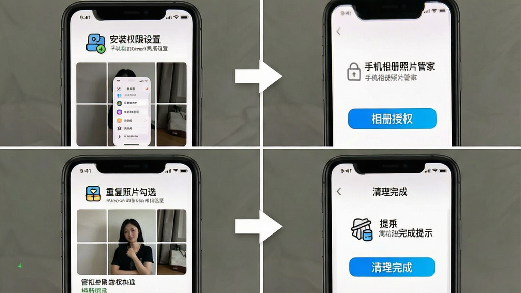 一张手机相册照片管家使用教程示意图,主体为手机屏幕分步操作截图,布局为四格步骤展示,排版为从上到下依次为安装权限设置、相册授权、重复照片勾选、清理完成提示,风格为教程说明类界面,细节包括“手机相册照片管家”名称、箭头指引、高亮按钮,画质高清,干净,无多余元素