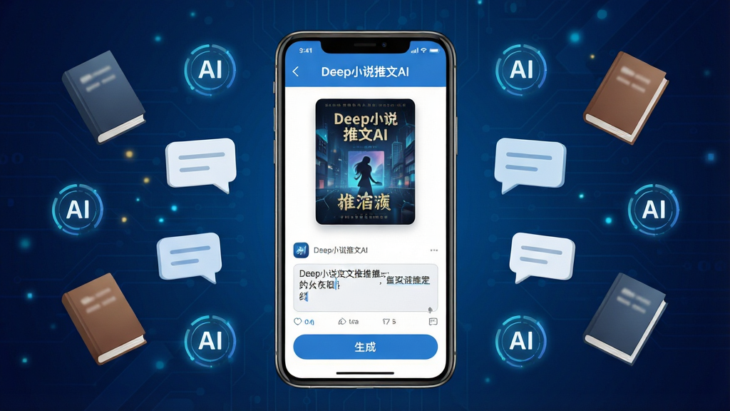 画面中央放置一台智能手机,屏幕显示“Deep小说推文AI”应用界面,界面包含小说封面、推文文案输入框和生成按钮,手机周围环绕悬浮的小说书本、对话气泡和AI光效图标,背景为深蓝渐变科技风格,布局上手机居中、元素对称分布,整体干净简洁,画质高清,无多余元素